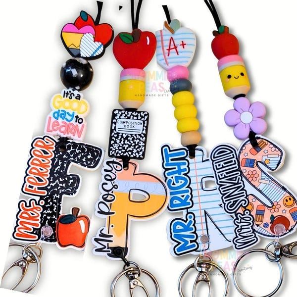 Custom Teacher Lanyard, Beaded Badge Holder with School Charm, Personalized Acrylic Initial, Trendy Educator Gift, Teacher Appreciation