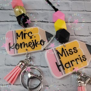 Personalized Glitter Pencil Teacher Lanyard: Beaded Acrylic ID Badge Holder