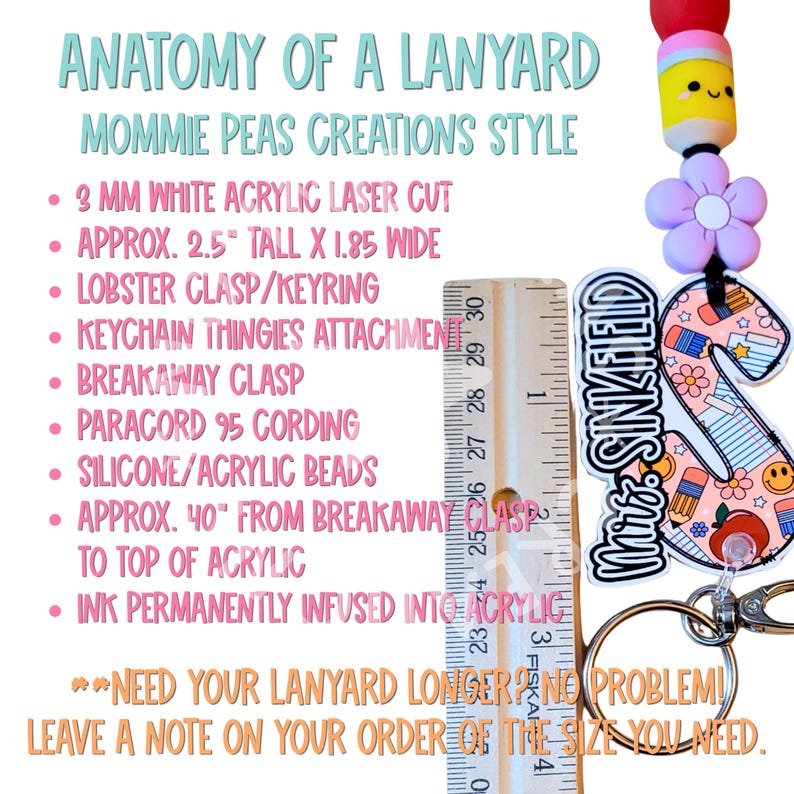 May include: A lanyard with a teacher-themed design, featuring a pencil charm, flower bead, and a clear acrylic tag that reads "Mrs. Sinkfield." The lanyard includes a breakaway clasp and is approximately 40 inches (101.6 cm) long.