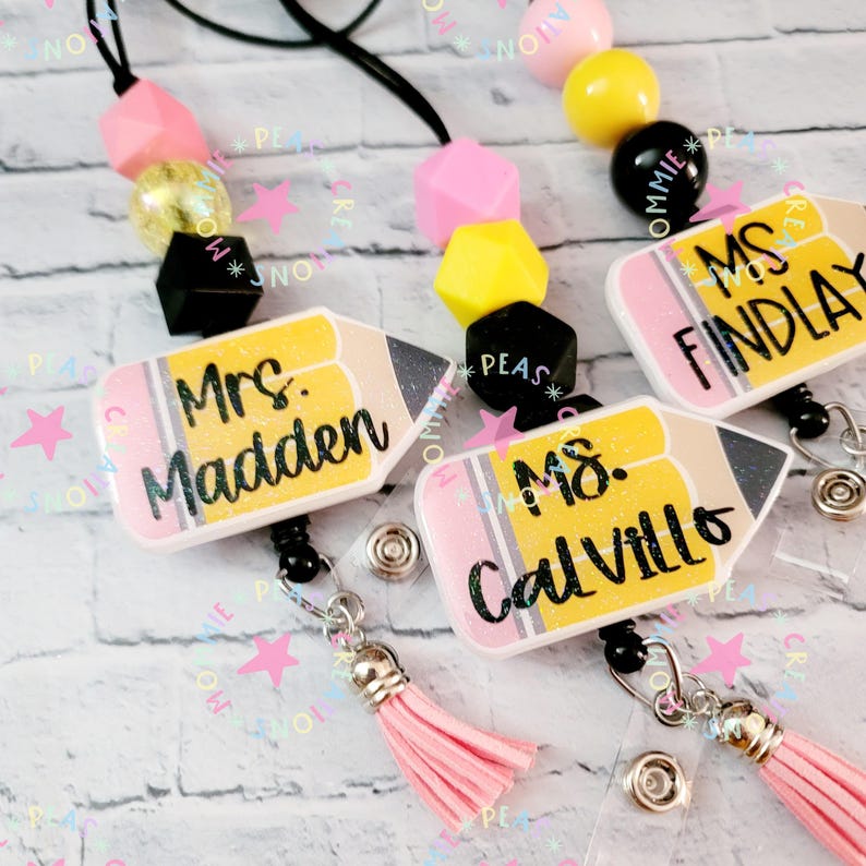 Glitter Teacher Lanyard Beaded Badge Holder Pencil Charm Accessory School Staff Identification Card Display Sparkly Design Colorful Beads Professional Look Trendy Classroom Item Teaching Supply Essential Educator Tool Stylish Work Accessory