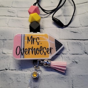 Glitter Pencil Retractable Badge Reel | Personalized Teacher ID Holder | Beaded Lanyard image 6