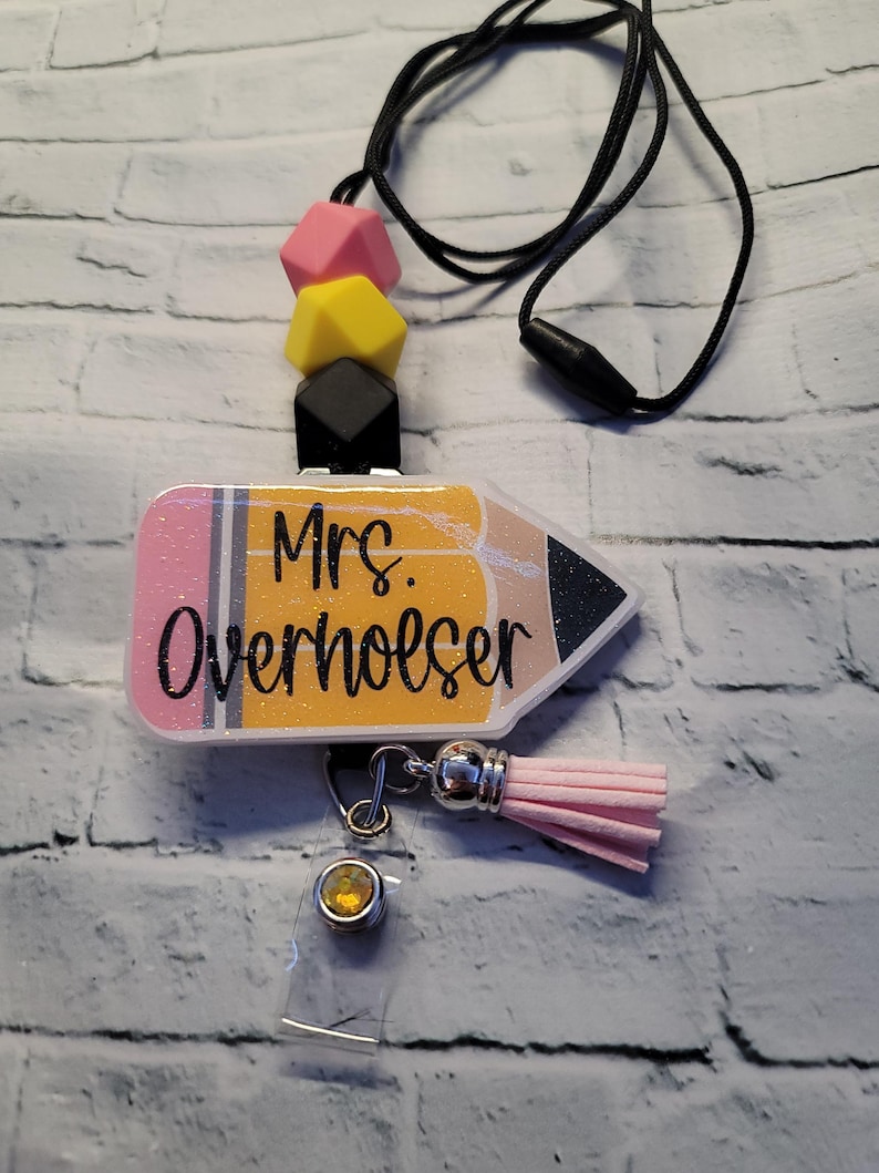 Glitter Pencil Retractable Badge Reel | Personalized Teacher ID Holder | Beaded Lanyard image 6