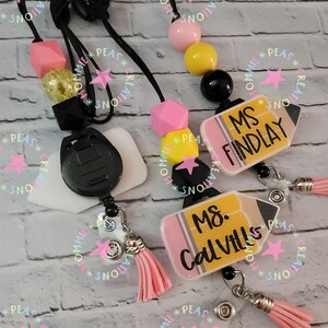 Glitter Pencil Retractable Badge Reel | Personalized Teacher ID Holder | Beaded Lanyard image 7