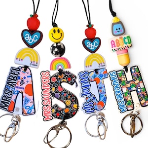 Custom Beaded Lanyard, Personalized Acrylic Charm, Teacher Badge Holder, School Accessory