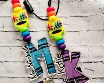 Personalized Crayon Lanyard | Teacher Badge Holder | Colorful Silicone Bead Appreciation Gift