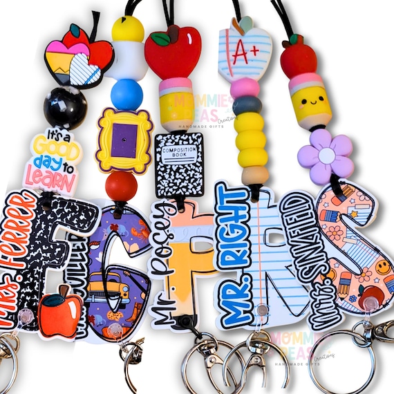 Personalized Teacher Lanyard | Beaded Badge Holder | School Charm | Acrylic Initial | Educator Gift