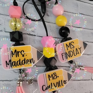 Glitter Pencil Retractable Badge Reel | Personalized Teacher ID Holder | Beaded Lanyard image 5