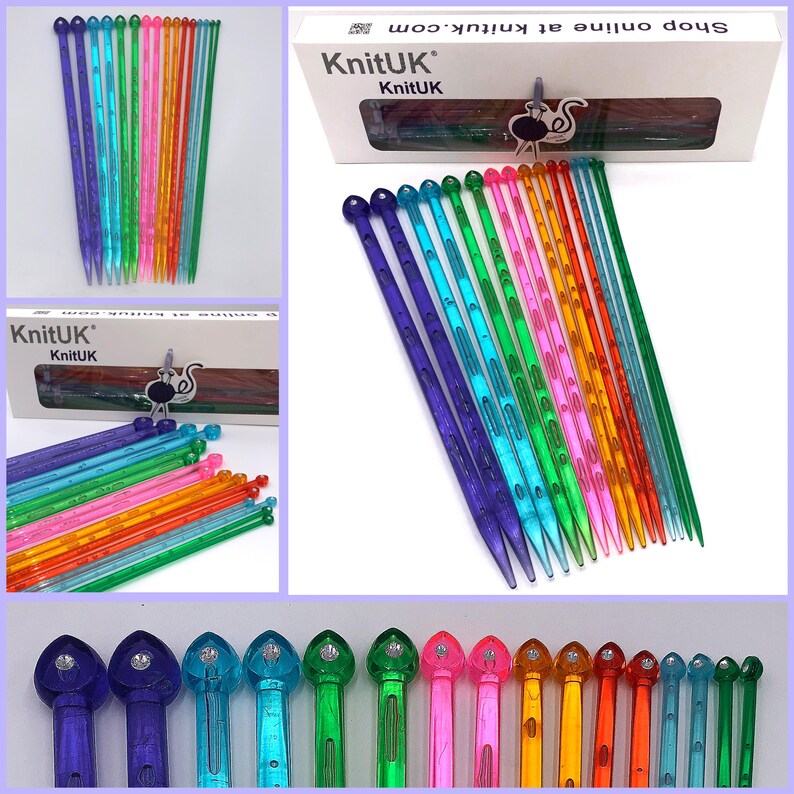 May include: A set of 15 colorful plastic knitting needles with heart-shaped tips. The needles are arranged in a row and are all different colors, including purple, blue, green, pink, orange, and yellow. The needles are labeled "KnitUK" and are packaged in a clear plastic box.