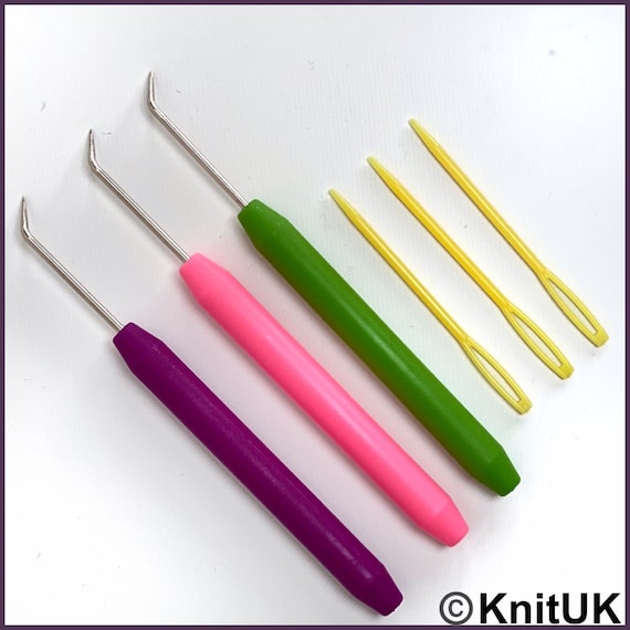 Knitting Loom Hooks Set of 3. Blue, Pink and Green Loom Picks & Wool  Needles 