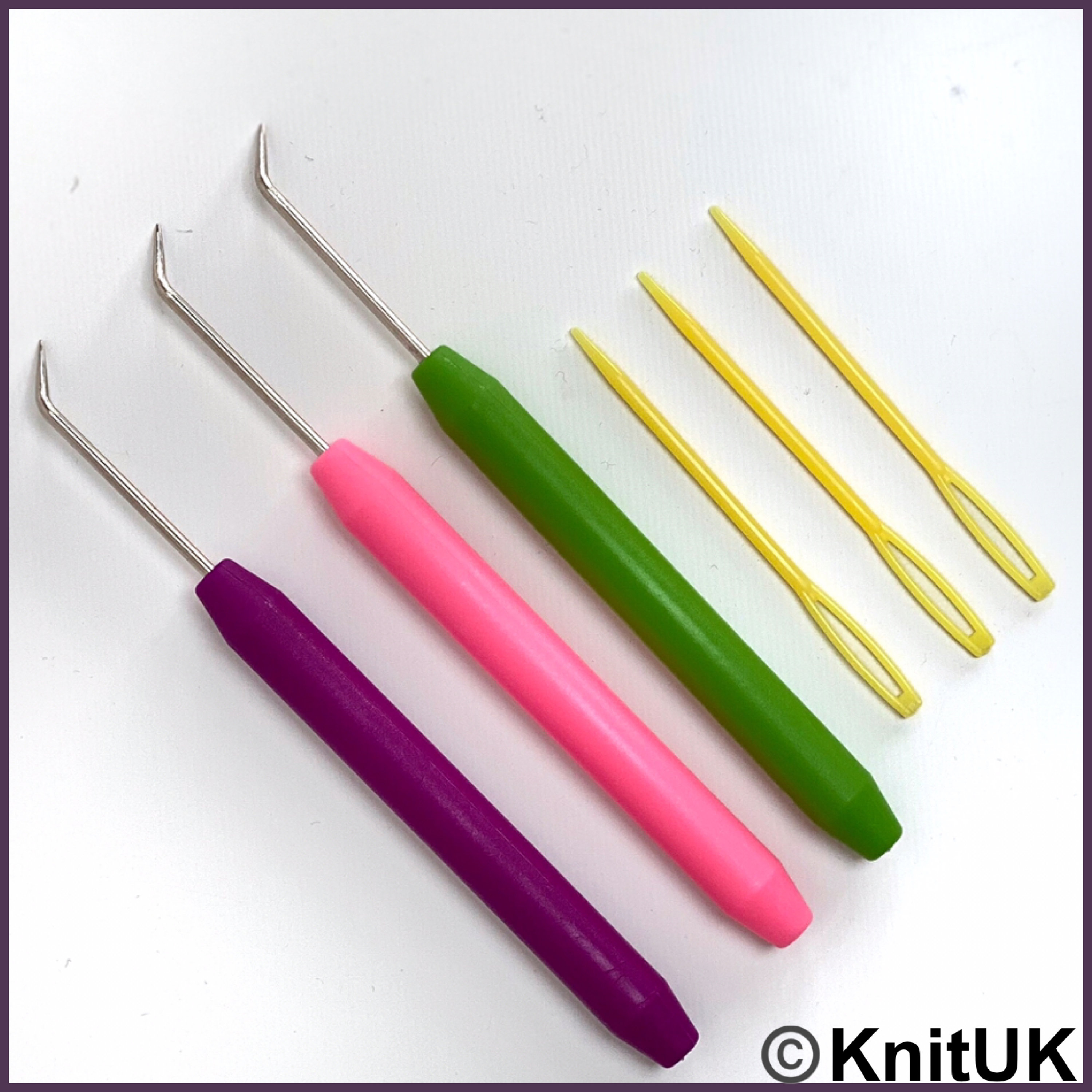 Knitting Loom Hooks Set of 3. Purple, Pink and Green Loom Picks & Wool  Needles 