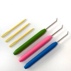 Knitting Loom Hooks Set of 3. Blue, Pink and Green Loom picks & Wool needles