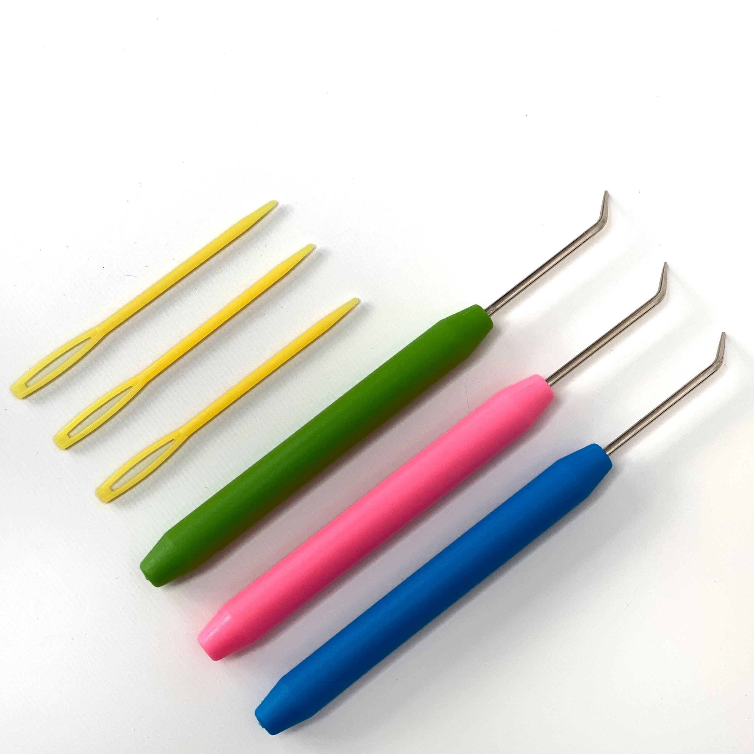 Knitting Loom Hooks Set of 3. Blue, Pink and Green Loom Picks & Wool