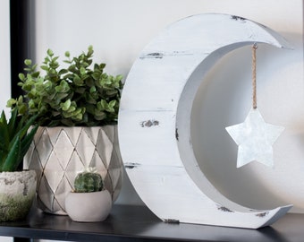 Large Distressed Moon and Star - Wood Decor - Boho Decor - Handmade Decor - Wall Art - Moon Sign - Star Sign - Boho Nursery Decor