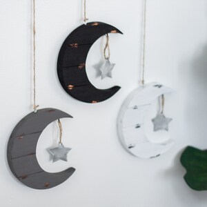 Set of 3 - Mini Distressed Hanging Moon and Star - Wood Decor - Boho Decor - Moon Sign - Crescent Moon - Nursery Sign -Boho Nursery