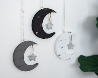 Set of 3 - Mini Distressed Hanging Moon and Star - Wood Decor - Boho Decor - Moon Sign - Crescent Moon - Nursery Sign -Boho Nursery