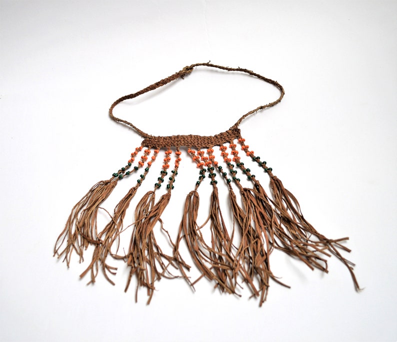 Bib necklace Braided natural leather Hippy Ethnic jewelry African Gypsy leather necklace orange and green beads Beach Summer