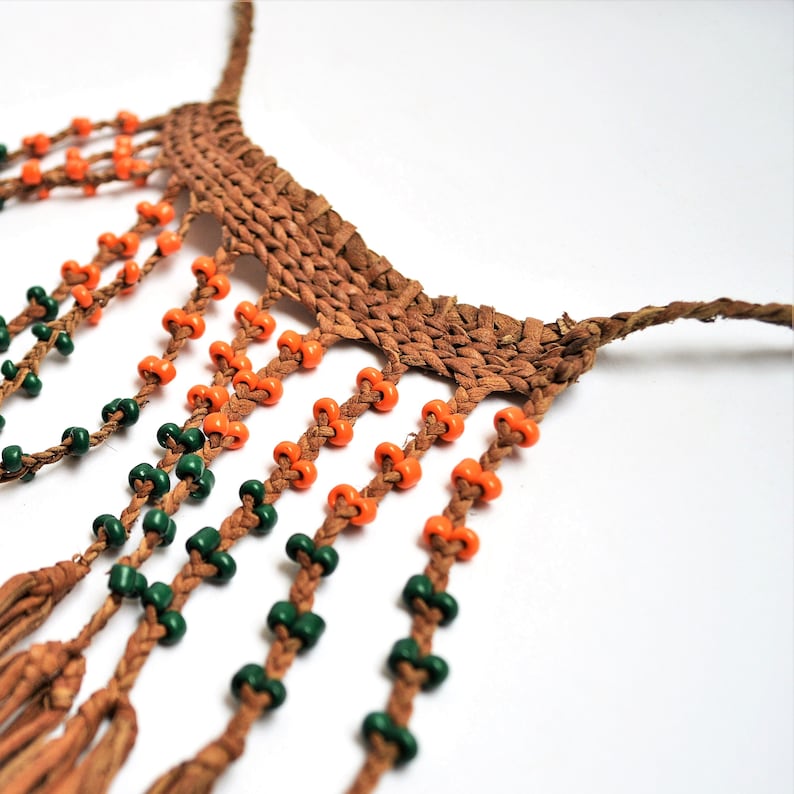 Bib necklace Braided natural leather Hippy Ethnic jewelry African Gypsy leather necklace orange and green beads Beach Summer