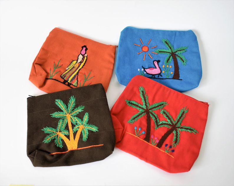 Christmas gift Ethnic embroidered purse palm tree Eco friendly bag Cotton pouch Minimal wallet Egyptian Zip Mother gift Boho chic