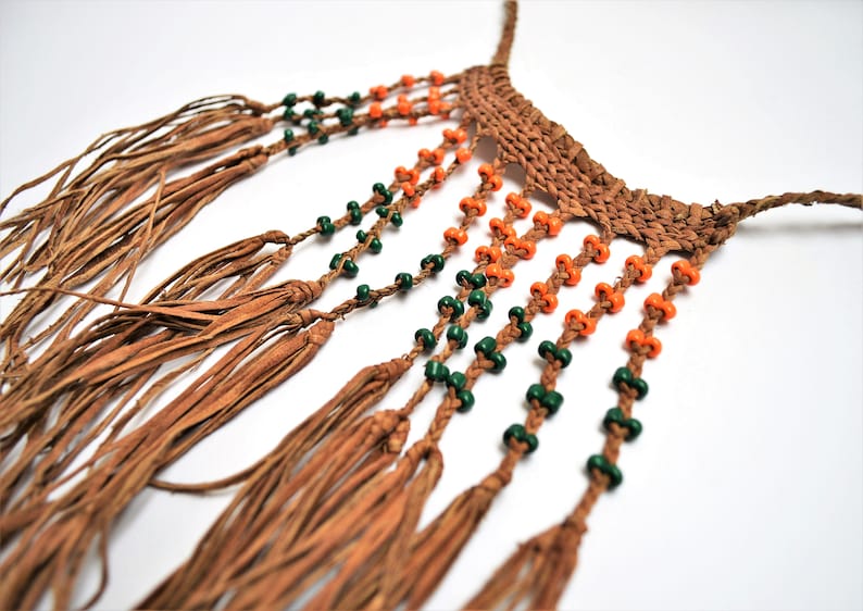 Bib necklace Braided natural leather Hippy Ethnic jewelry African Gypsy leather necklace orange and green beads Beach Summer
