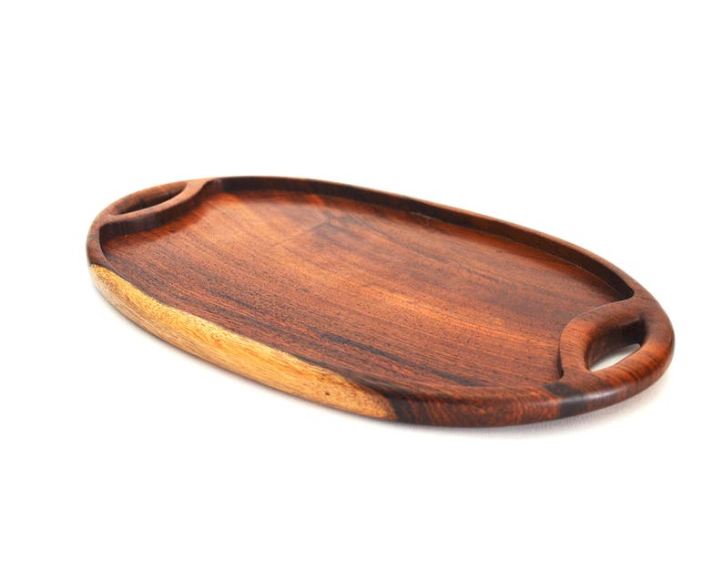 Oval Wooden Tray Hand Carved Coffee Tea Image 0