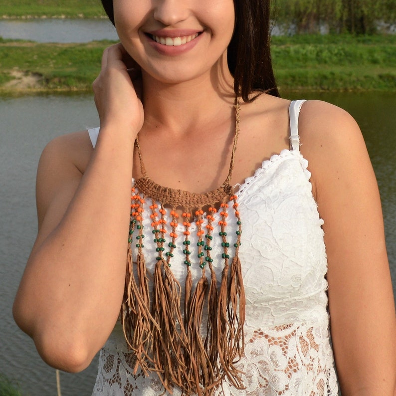 Bib necklace Braided natural leather Hippy Ethnic jewelry African Gypsy leather necklace orange and green beads Beach Summer