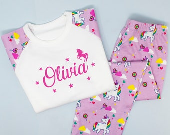 Personalised Unicorn Children's Pyjamas Set,Customised Flower Girl Unicorn Pjs Long Sleeve Set, Girls Unicorn Clothing Pjs, Unicorn Pyjamas