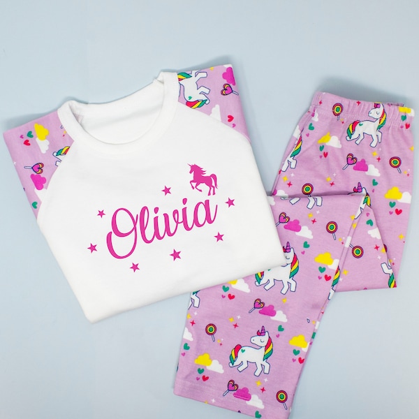 Personalised Unicorn Children's Pyjamas Set,Customised Flower Girl Unicorn Pjs Long Sleeve Set, Girls Unicorn Clothing Pjs, Unicorn Pyjamas