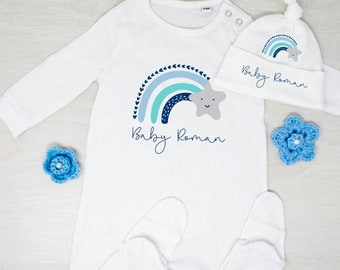 Personalised Rainbow Baby Bodysuit, Baby Gift Set, Baby Grow, Baby Romper & Newborn Hat, Baby Announcement Matching Bodysuit and Hat