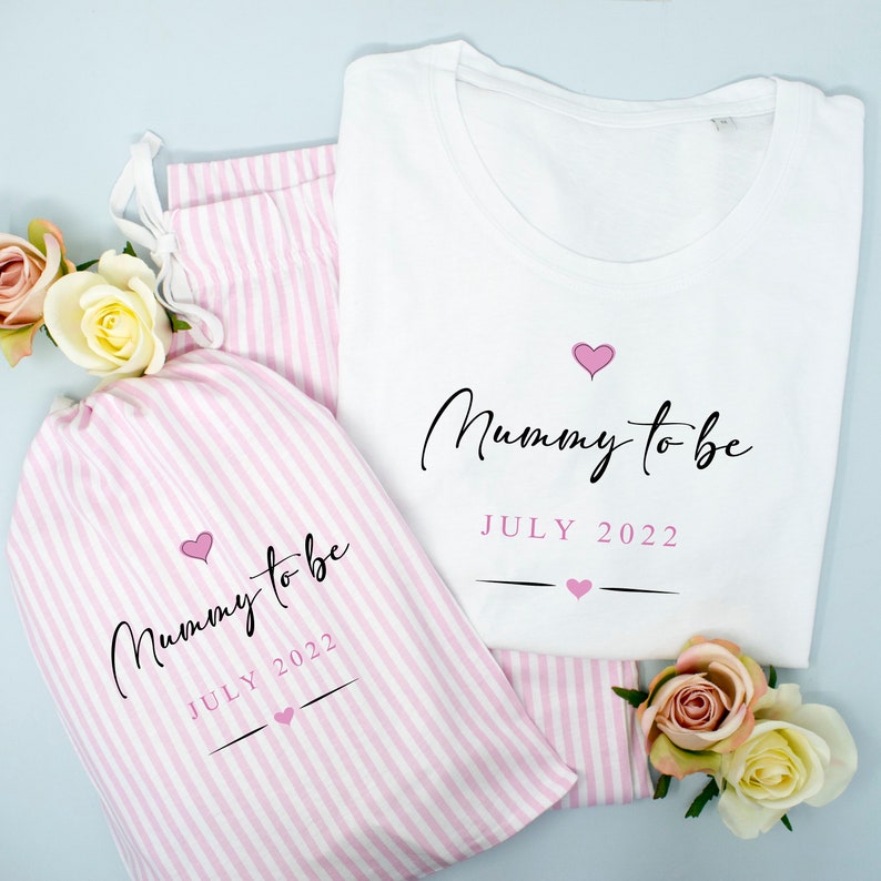 Mummy To Be Pyjamas, New Mum Lounge Wear, Mama Pyjamas, Personalised Mummy To Be Pjs, Mother's Day Pink and White Striped Pyjamas 