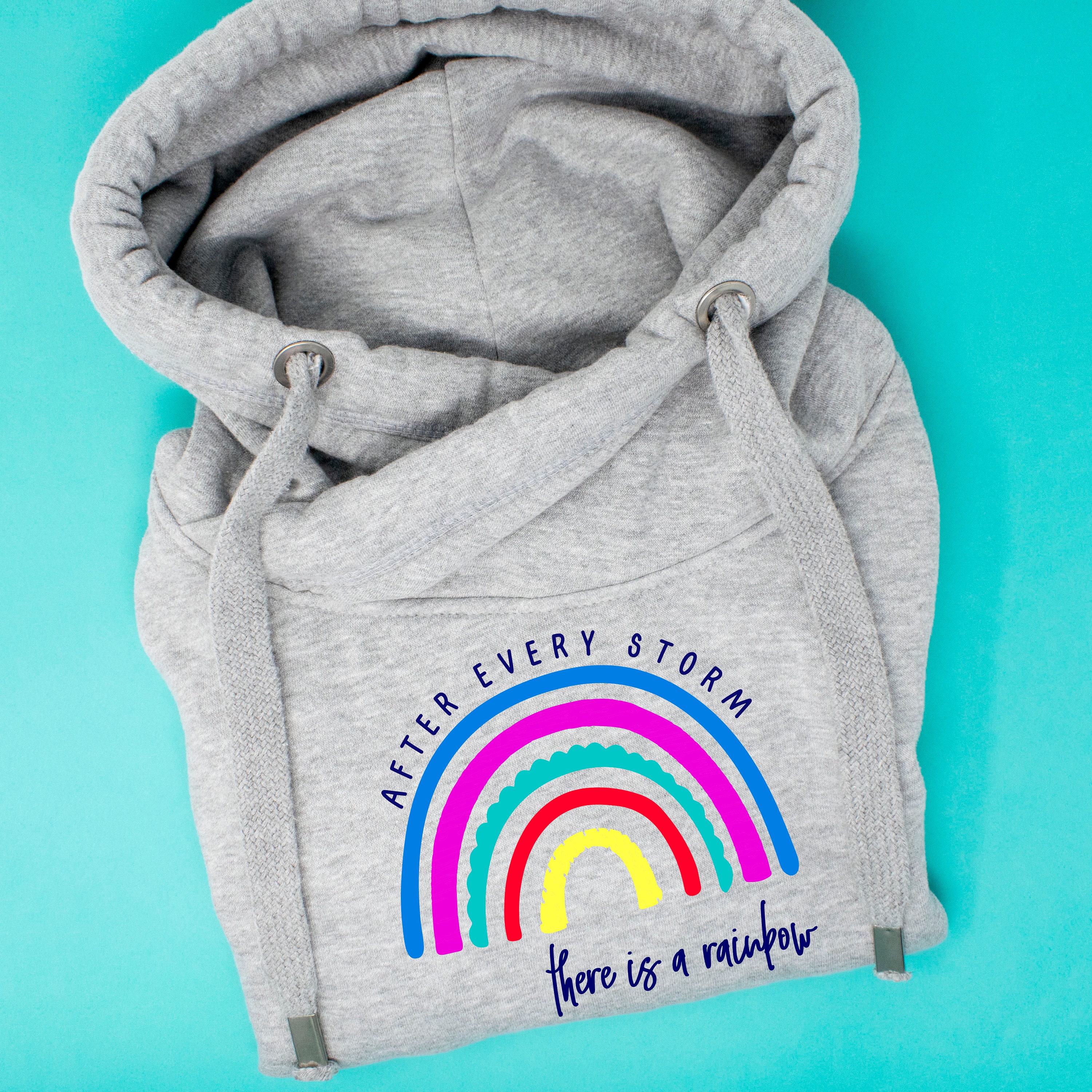 Image of After Every Storm, There Is A Rainbow Cross Neck Hoodie, Ladies Positive Fashion Quote Sweaters & Jumpers, Women's Slogan Hoodie Jumper