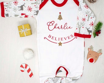 Personalised Name First Christmas 2022, Babygrow Believes Boy Girl Romper, Woodland Babies First Christmas