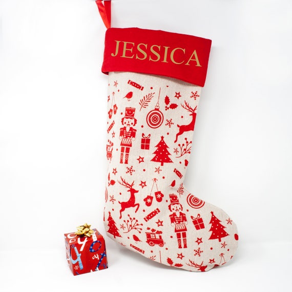 Personalised Embroidered Hessian Christmas Sack Nordic Style Large Xmas Stocking