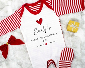 Personalised Striped My First Valentine's Babysuit, Name Babies First Valentines Sleepsuit, 1st Valentines 2023 Romper