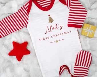 Personalised Striped My First Christmas Babysuit, Name Babies First Christmas Sleepsuit, 1st Christmas 2023