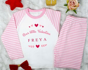 Girls/Boys Valentine's Pyjamas, Our Little Valentine Red & White Striped Pyjamas, Children's Love Heart Design Pyjamas, First Valentines