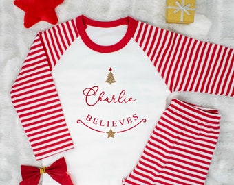 Personalised Children's Festive Tree Pyjamas, Glitter I believe Christmas Pyjamas, Toddler Striped Xmas Pyjamas, Matching Family Pyjamas