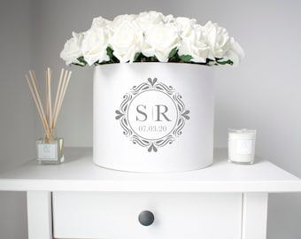 Romantic Monogram Wedding Flower Hat Box, Couples Wedding Gifts, Personalised Floral Arrangement Gift Bouquet, Mr & Mrs Flower Wedding Gifts