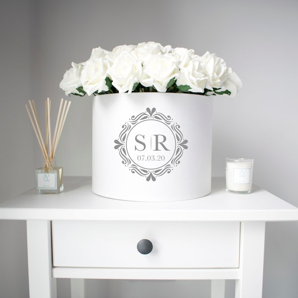 Romantic Monogram Wedding Flower Hat Box, Couples Wedding Gifts, Personalised Floral Arrangement Gift Bouquet, Mr & Mrs Flower Wedding Gifts