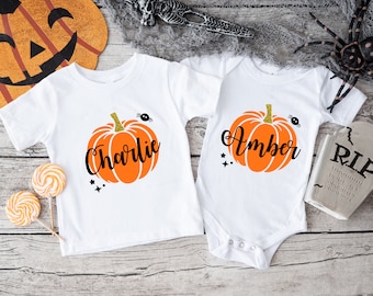 Personalised Halloween Pumpkin Design Children, Baby T-shirt and Vest, Girls, Boys Halloween Tshirt, Halloween Tick or Treat Tops and Tees