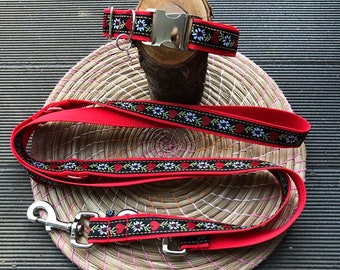 May include: A red dog collar and leash set with a black floral pattern. The collar has a silver buckle and a metal ring for attaching a leash. The leash has a silver clasp. The set is displayed on a woven mat.