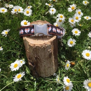May include: A brown and black dog collar with a fox print and a silver buckle. The collar is on a wooden log surrounded by white daisies.