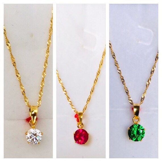 17.5 Set 22k Gold 916 Gold Solitaire Pinkish Red Cz Stone Pendant