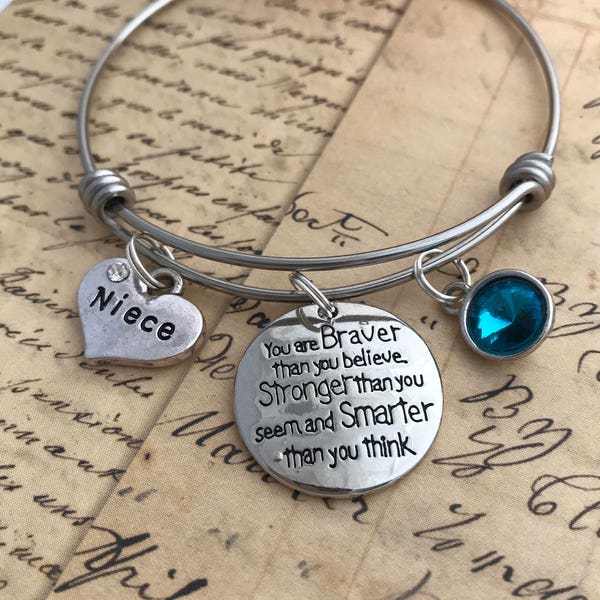 Personalized Niece Gift, You are BRAVER than you believe, STRONGER than you seem, Niece Bracelet, Gifts from Aunt, Encouragement gift