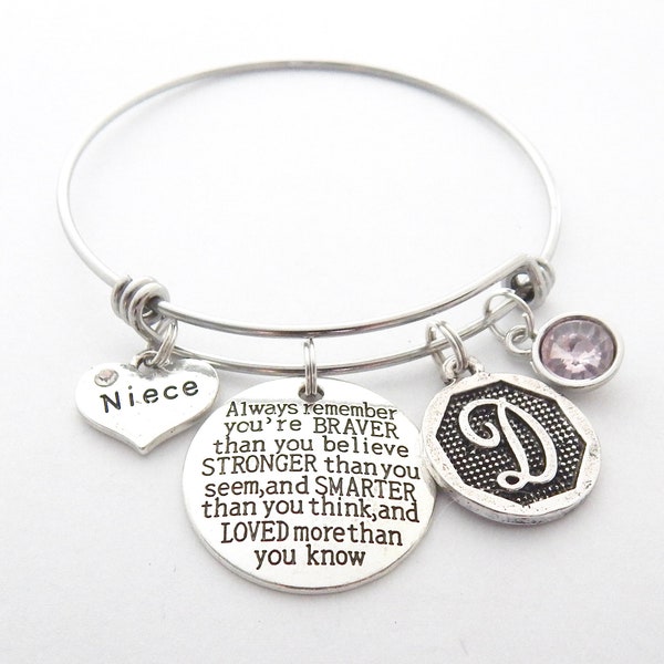Personalized Niece Gift, You are BRAVER than you believe,STRONGER than you seem,Niece Bracelet,Gifts from Aunt,Encouragement gift from Uncle