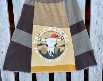 Yellowstone t-shirt skirt, upcycled boho, knee length, women’s small, western skies, A-line with a side pocket, Montana Threadscape