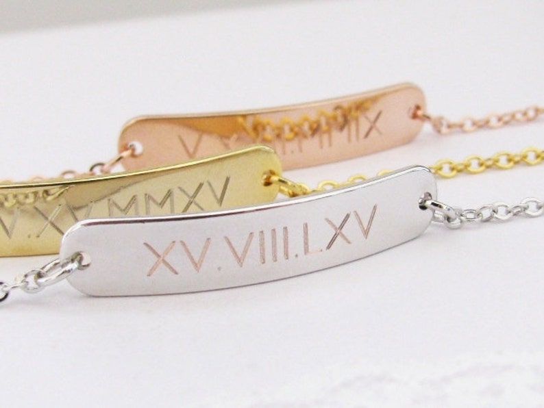 Silver or Rose Gold Name Plate Bracelet Engraved with Special Date Roman Numeral Bracelet \u2013 Gold