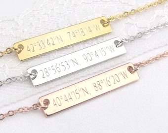 Coordinate Necklace in Gold, Silver or Rose Gold Engraved with Latitude and Longitude Coordinates