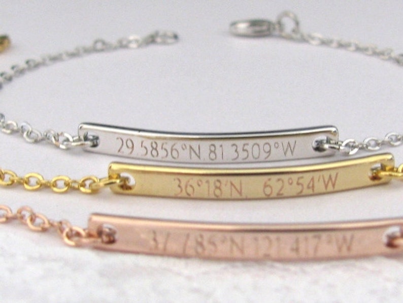 Silver or Rose Gold with Custom Coordinates Latitude Longitude Bracelet in Gold