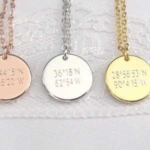 Coordinate Disc Necklace, Coordinates Necklace, Latitude, Longitude, Location Necklace, Personalized Coordinates Disc Necklace, GPS Location image 1