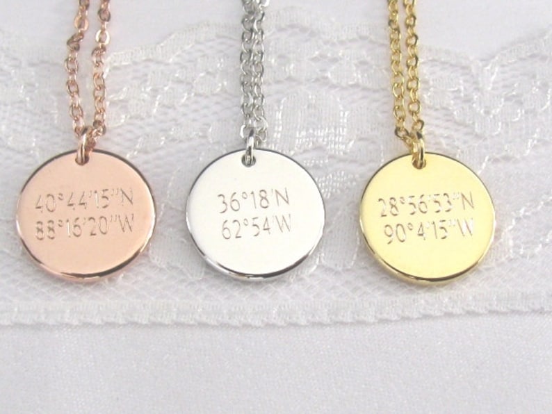 Coordinate Disc Necklace, Coordinates Necklace, Latitude, Longitude, Location Necklace, Personalized Coordinates Disc Necklace, GPS Location image 1